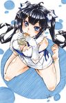  absurdres barefoot black_hair blue_eyes blue_ribbon blush_stickers breasts cleavage croquette dated dungeon_ni_deai_wo_motomeru_no_wa_machigatteiru_darou_ka eating error from_above hair_ribbon hestia_(danmachi) highres ishmaiah_dado large_breasts long_hair marker_(medium) rei_no_himo ribbon signature sitting traditional_media twintails wariza wrong_feet 