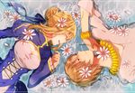  1girl ahoge artist_request artoria_pendragon_(all) blonde_hair blue_dress bracelet cleavage_cutout closed_eyes copyright_name dress english fate/zero fate_(series) flower gilgamesh grin hair_bun hair_flower hair_ornament hair_ribbon holding holding_flower jewelry juliet_sleeves long_hair long_sleeves looking_at_another lying necklace on_back petals puffy_sleeves red_eyes ribbon ripples saber shirt smile text_focus water 