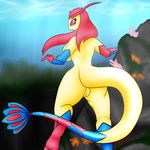  anthro breasts eyelashes female hair looking_at_viewer marine milotic nintendo pok&eacute;mon pussy quin-nsfw red_eyes red_hair side_boob smile solo standing teeth underwater video_games water 