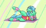  aerobics character clothed clothing crossdressing ear_piercing equine exercise eyeshadow feral fur general hair horse leg_warmers legwear leotard makeup male mammal my_little_pony naivintage piercing pony raised_leg solo spearmint_(character) sweat volleyball 
