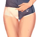  bad_id bad_pixiv_id blue_swimsuit character_name close-up covered_navel double_vertical_stripe groin japanese_flag kantai_collection legs_together lower_body old_school_swimsuit one-piece_swimsuit one-piece_tan partially_visible_vulva pulled_by_self ro-500_(kantai_collection) school_swimsuit simple_background solo standing swimsuit swimsuit_aside tan tanline thigh_gap thighs wedgie wet white_background zi_se 