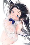  afukuro bare_legs bare_shoulders barefoot black_hair blue_eyes blue_ribbon blush cleavage_cutout cowboy_shot downscaled dress dungeon_ni_deai_wo_motomeru_no_wa_machigatteiru_darou_ka gloves hestia_(danmachi) highres long_hair lying md5_mismatch on_back open_mouth rei_no_himo resized ribbon short_dress solo twintails untied upside-down very_long_hair white_dress white_gloves 