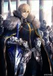  1boy armor blonde_hair blue_eyes cape colonnade column fate/grand_order fate_(series) fur_trim gauntlets gawain_(fate/grand_order) greaves hands_on_hips helmet kei-suwabe knight pillar short_hair smile sunlight sword twitter_username weapon 