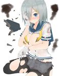  black_legwear blue_eyes breasts cleavage covering covering_breasts damaged gloves grey_skirt hair_ornament hair_over_one_eye hairclip hamakaze_(kantai_collection) hand_on_own_face highres kantai_collection large_breasts maosame neckerchief pantyhose pleated_skirt sailor_collar school_uniform serafuku shirt short_hair short_sleeves silver_hair simple_background skirt solo torn_clothes torn_legwear torn_shirt torn_skirt white_background white_gloves yellow_neckwear 