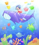 bubble fish higashikata_tsurugi jellyfish jojo_no_kimyou_na_bouken jojolion male_focus origami otoko_no_ko paper_moon_king riding seahorse shakata_(ozi3) squid stingray sunlight underwater whale 