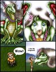  2001 anthro blue_eyes brown_eyes brown_hair claws clothed clothing comic dragon duo english_text female flower footwear green_scales hair horn human long_hair male mammal markie nude outside pants plant sandals scalie shirt sitting size_difference slit_pupils smile sword teeth text toe_claws torn_clothing tree weapon wings yellow_scales 