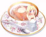  ass back bad_id bad_pixiv_id bangs barefoot black_tea blonde_hair blue_eyes blush breasts chin_rest cup floral_print in_container in_cup kago_no_tori kneeling long_hair looking_at_viewer medium_breasts minigirl nude parted_bangs partially_submerged pretty_(series) pretty_rhythm pretty_rhythm_rainbow_live smile solo spoon sugar_cube takanashi_otoha tea teacup toes white_background 