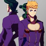  2boys bad_id bad_pixiv_id blonde_hair blue_eyes blurry braid giorno_giovanna green_hair higashikata_jousuke jojo_no_kimyou_na_bouken kuujou_jolyne multiple_boys pompadour takanashi_hinami 