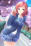  blazer blue_bow blue_neckwear bow bowtie cherry_blossoms dutch_angle hand_in_hair highres jacket long_sleeves looking_at_viewer love_live! love_live!_school_idol_project morugen nishikino_maki otonokizaka_school_uniform pleated_skirt purple_eyes red_hair school_uniform short_hair skirt smile solo striped striped_bow striped_neckwear 