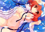  breasts convenient_censoring hat looking_at_viewer medium_breasts mimi_(rasy5002) open_clothes partially_submerged petals red_eyes red_hair saigyouji_yuyuko short_hair solo touhou 