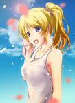  ayase_eli blonde_hair blue_eyes blush breasts covered_nipples long_hair love_live! love_live!_school_idol_project medium_breasts open_mouth ponytail slowpit smile solo towel 
