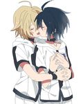  bad_id bad_pixiv_id black_hair blonde_hair camelot closed_eyes hug hug_from_behind hyakuya_mikaela hyakuya_yuuichirou kiss male_focus multiple_boys owari_no_seraph yaoi 