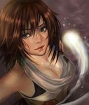  1girl breasts brown_hair cleavage final_fantasy final_fantasy_x japanese_clothes karina_sokolowa looking_at_viewer obi realistic short_hair sleeveless solo water yuna 