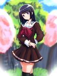  bad_id bad_pixiv_id bangs black_hair black_legwear blurry blurry_background blurry_foreground brown_serafuku brown_skirt collarbone cowboy_shot day depth_of_field double-breasted eyebrows_visible_through_hair flower head_tilt hibike!_euphonium kousaka_reina long_hair long_sleeves neckerchief outdoors pink_flower pleated_skirt purple_eyes red_neckwear sailor_collar school_uniform serafuku skindentation skirt solo thighhighs tomofuku white_sailor_collar zettai_ryouiki 