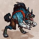  belt claws clothing gnoll hunchback male muscles pants raspberrymaggot red_eyes simple_background solo tongue tongue_out weapon 