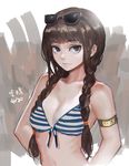  bikini bikini_top blue_eyes braid breasts brown_hair danann dated eyewear_on_head hair_over_shoulder light_smile long_hair original small_breasts solo striped striped_bikini sunglasses swimsuit twin_braids 