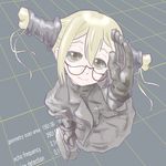  blonde_hair cosplay glasses gloves grid highres koujiro_frau robin_sena robin_sena_(cosplay) robotics;notes solo twintails witch_hunter_robin yellow_eyes 