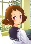  blush book book_stack brown_hair from_behind holding holding_book hyouka ibara_mayaka looking_at_viewer looking_back orz_(orz57) purple_eyes school_uniform serafuku short_hair smile solo 