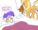  applejack_(mlp) bed butt c4tspajamas english_text equine female female/female feral friendship_is_magic hat horn horse licking mammal my_little_pony plain_background pony rarity_(mlp) sleeping text tongue tongue_out unicorn 