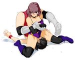  2girls asphyxiation black_eyes black_hair blush boots breasts brown_hair choking cleavage defeated femdom gloves leotard multiple_girls nexas one_eye_closed purple_eyes short_hair simple_background sitting_on_face sitting_on_person spread_legs submission_hold sweat tap_out thighhighs trembling wrestling wrestling_outfit wristband yuri 