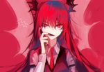  bat_wings cinkai finger_in_mouth head_wings koakuma long_hair long_sleeves looking_at_viewer necktie open_mouth red red_background red_eyes red_hair sharp_teeth shirt solo teeth touhou upper_body vest wings 