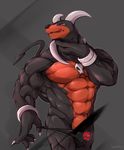  anthro anthrofied bulge canine censored claws clothing horn houndoom licking licking_lips looking_at_viewer male mammal muscles nintendo pok&eacute;mon red_eyes solo thong tongue tongue_out undressing video_games waddledox 
