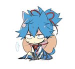  1boy bad_id bad_pixiv_id bandages blue_hair hat japanese_clothes male_focus sayo_samonji simple_background sitting solo speech_bubble spoken_ellipsis touken_ranbu white_background yuzuki_gao 