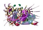  androgynous barefoot flower full_body headpiece japanese_clothes katana lily_(flower) long_hair magatama official_art ponytail purple_hair puzzle_&amp;_dragons red_eyes simple_background solo sword weapon white_background yomi_(p&amp;d) 