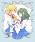  blonde_hair blush braiding_hair green_hair hairdressing long_hair long_sleeves looking_at_another multiple_girls original school_uniform short_hair shoushu 