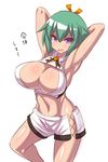  aquarion_(series) aquarion_evol armpits arms_behind_head arms_up breasts cleavage green_hair konno_tohiro large_breasts midriff navel purple_eyes short_hair simple_background smile solo toned translation_request white_background zessica_wong 