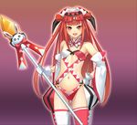  :d beatmania beatmania_iidx blush breasts cowboy_shot detached_sleeves gloves gradient gradient_background hand_on_hip holding holding_weapon km_(km517) long_hair looking_at_viewer navel open_mouth outline polearm red_eyes red_hair small_breasts smile solo spear thighhighs umegiri_ameto v-shaped_eyebrows very_long_hair weapon white_gloves 