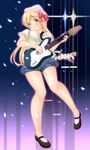  :o alternate_costume bare_legs blonde_hair blush bobby_socks bouncing_breasts breasts cleavage full_body gradient gradient_background green_eyes guitarfreaks hair_ribbon hat highres large_breasts lily_white long_hair looking_at_viewer mary_janes no_wings petals ribbon shoes shorts socks solo standing standing_on_one_leg touhou utahane 