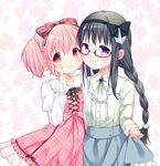  akemi_homura black_hair black_hairband blue_skirt blush bow braid dress glasses hair_bow hairband kaname_madoka long_hair looking_at_viewer mahou_shoujo_madoka_magica multiple_girls nasunoko pink_eyes pink_hair pink_skirt plaid plaid_dress purple_eyes red-framed_eyewear semi-rimless_eyewear short_hair skirt smile twin_braids twintails under-rim_eyewear 