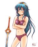  2015 blue_eyes blue_hair blush bra breasts cleavage cowboy_shot crossed_arms falchion_(fire_emblem) fire_emblem fire_emblem:_kakusei long_hair lucina medium_breasts navel panties pink_bra pink_panties serious solo swimsuit sword tacoyaki tiara underwear underwear_only weapon 