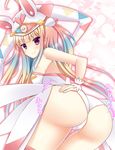  1girl aqua_hair ass ass_shake bare_shoulders beatmania beatmania_iidx bemani blonde_hair blush breasts come_hither female from_behind gradient_hair hair_ornament hand_on_ass hat huge_ass jiggle ki_no_rapika leaning leaning_forward leotard long_hair looking_at_viewer looking_back multicolored_hair naughty_face pink_hair purple_eyes rari ropika shiny shiny_skin showgirl_skirt sideboob smile solo thighhighs translation_request wrist_cuffs 