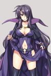  belt black_hair black_panties blush boots breasts bridal_gauntlets cape capelet choker cleavage collarbone dress dress_lift hair_ornament hair_over_one_eye highres large_breasts long_hair looking_at_viewer lyrical_nanoha mahou_shoujo_lyrical_nanoha navel navel_cutout panties precia_testarossa purple_dress purple_eyes raiou solo thigh_boots thighhighs underwear very_long_hair 