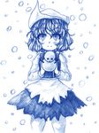  blue blush hat holding letty_whiterock monochrome short_hair smile snow snowing snowman solo standing touhou yuran_(kuen-hien) 