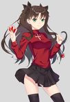  ass_visible_through_thighs between_fingers brown_hair command_spell fate/stay_night fate_(series) gem green_eyes jewelry long_hair necklace smile solo thighhighs toosaka_rin two_side_up you06 