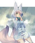  animal_ears fukunomiya_koko green_eyes hood hooded_jacket jacket kuromiya multiple_tails original short_hair silver_hair solo tail thighhighs 