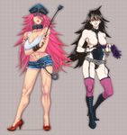  abs bad_id bad_pixiv_id belt big_hair black_hair blue_eyes blue_shorts boku_no_hero_academia bondage_outfit boots bracer breastless_clothes breasts cat_o'_nine_tails cleavage collar contrapposto crop_top crossed_arms cuffs cutoffs denim denim_shorts dominatrix domino_mask final_fight full_body garter_straps glasses grin handcuffs hat high_heel_boots high_heels knee_boots large_breasts leotard leotard_aside long_hair mask midnight_(boku_no_hero_academia) mole mole_under_eye multiple_girls no_nipples open_fly pale_skin peaked_cap pink_eyes pink_hair poison_(final_fight) purple_legwear r_(waru) red_footwear riding_crop shoes short_shorts shorts smile standing strap_slip street_fighter tank_top thighhighs unzipped whip 