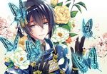 blue_eyes blue_hair bug butterfly flower gloves hirai_yuzuki insect japanese_clothes looking_at_viewer male_focus mikazuki_munechika parted_lips solo touken_ranbu white_background 