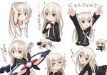  after_war_gundam_x alternate_costume animal_ears black_serafuku black_skirt blush brown_eyes cat_ears chibi commentary_request crescent glasses gundam gundam_x_divider gym_uniform hair_between_eyes kantai_collection kemonomimi_mode kikuzuki_(kantai_collection) long_hair long_sleeves neckerchief nose_blush open_mouth pleated_skirt school_uniform serafuku sitting skirt solo translation_request white_hair yamato_tachibana 