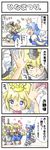  4koma alice_margatroid ascot bad_id bad_pixiv_id blonde_hair blue_eyes blue_hair blush capelet cirno comic couple hairband hat hat_removed headwear_removed highres kirisame_marisa long_hair multiple_girls non_(z-art) open_mouth sash short_hair smile touhou translation_request witch_hat yellow_eyes yuri 
