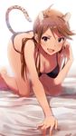  :d adjusting_hair ahoge all_fours animal_ears black_bra black_panties blue_eyes bra breasts brown_hair cleavage fangs h@ll hanging_breasts highres idolmaster idolmaster_million_live! leopard_ears leopard_tail long_hair looking_at_viewer medium_breasts on_bed open_mouth panties smile solo tail tokoro_megumi underwear underwear_only v-shaped_eyebrows 