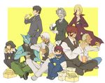  6+boys black_hair blonde_hair brown_hair chain_sumeragi doug_hammer eating food gilbert_f._altstein hamburger hot_dog k.k. kekkai_sensen klaus_von_reinhertz leonardo_watch long_hair machiru_(machirunoosora) multiple_boys multiple_girls short_hair sitting sonic_speed_monkey steven_a._starphase white_hair zap_renfro zed_o'_brien 