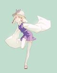  blonde_hair full_body green_background hat looking_at_viewer moriya_suwako outstretched_arms sandals simple_background skirt skirt_set sleeves_past_wrists smile solo spread_arms standing standing_on_one_leg thighhighs touhou vest wide_sleeves yamamomo_(plank) yellow_eyes zettai_ryouiki 