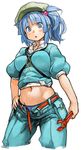  adapted_costume belt between_breasts blue_eyes blue_hair blue_panties blue_pants blush breasts cowboy_shot cropped_legs groin hair_bobbles hair_ornament hat holding kawashiro_nitori key large_breasts navel open_fly panties pants perky_breasts puffy_short_sleeves puffy_sleeves sachito short_hair short_sleeves simple_background solo strap_cleavage touhou two_side_up underwear unzipped white_background wrench 