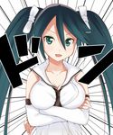  :3 breast_hold breasts cleavage crossed_arms detached_sleeves green_eyes green_hair hair_between_eyes isuzu_(kantai_collection) kantai_collection large_breasts long_hair makoto098 solo sweatdrop twintails 