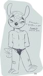  alpha_channel apis armadillo arms_behind_back band-aid bandage blush bulge clothing cub cute dialogue english_text eyes_closed fuleco male mammal mascot monochrome nipples plain_background signature sketch solo standing tailwag text thong transparent_background young 