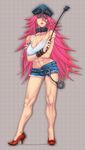  abs bad_id bad_pixiv_id big_hair blue_shorts bracer breasts cleavage collar contrapposto crop_top crossed_arms cuffs denim denim_shorts final_fight full_body handcuffs hat high_heels large_breasts lips long_hair midriff nail_polish navel parted_lips peaked_cap pink_hair poison_(final_fight) r_(waru) red_footwear riding_crop shoes shorts solo standing strap_slip 